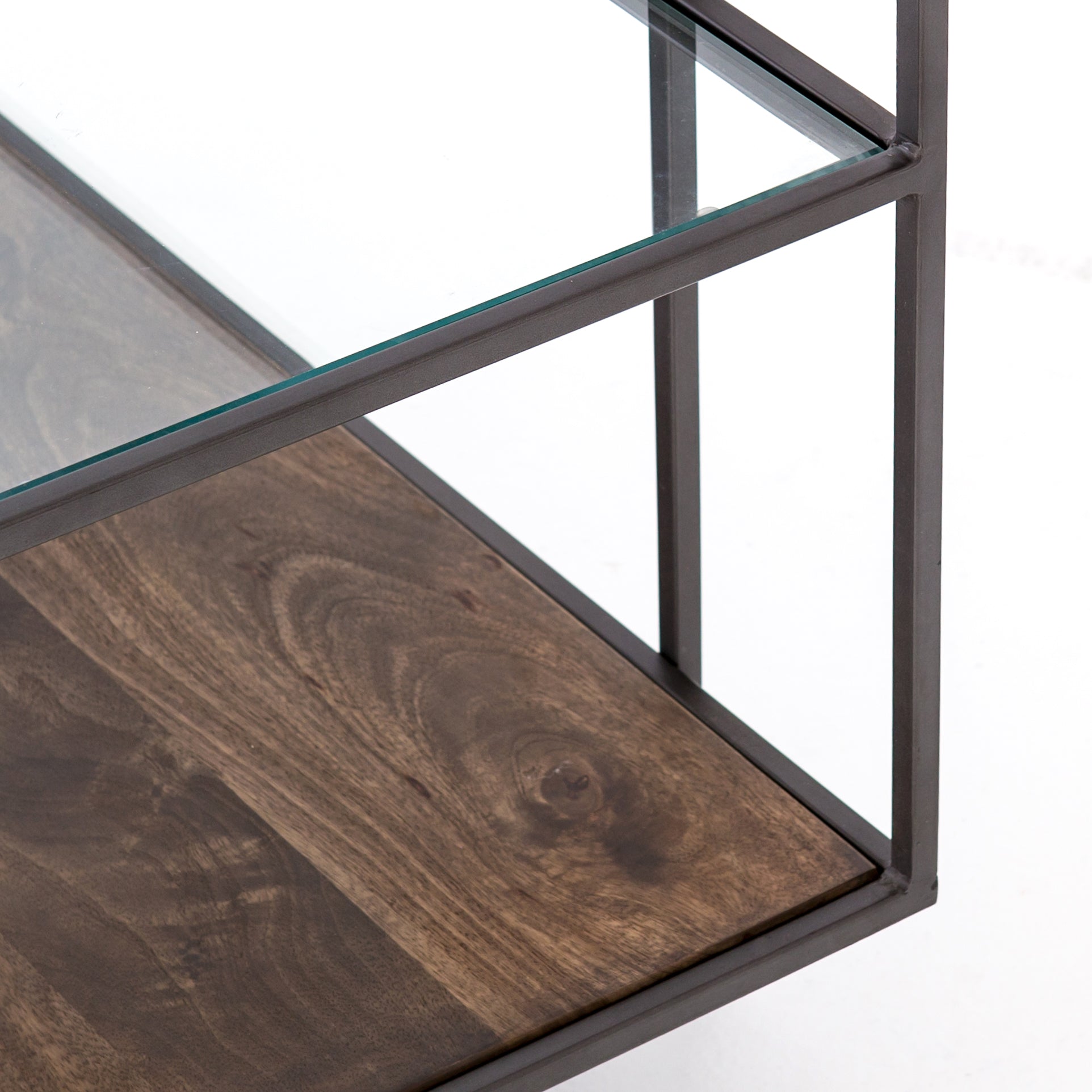 modern industrial metal console with glass top, middle shelf, and wooden bottom shelf