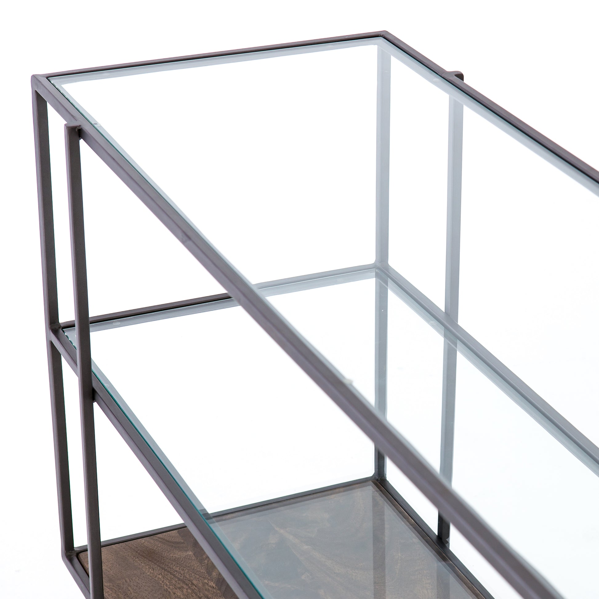 modern industrial metal console with glass top, middle shelf, and wooden bottom shelf