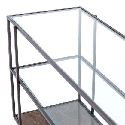 modern industrial metal console with glass top, middle shelf, and wooden bottom shelf