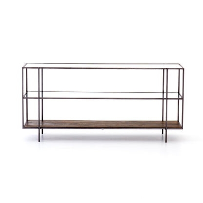 modern industrial metal console with glass top, middle shelf, and wooden bottom shelf