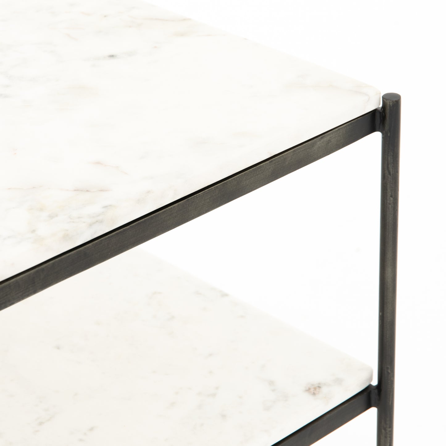 hammered metal and white marble nightstand with two shelves