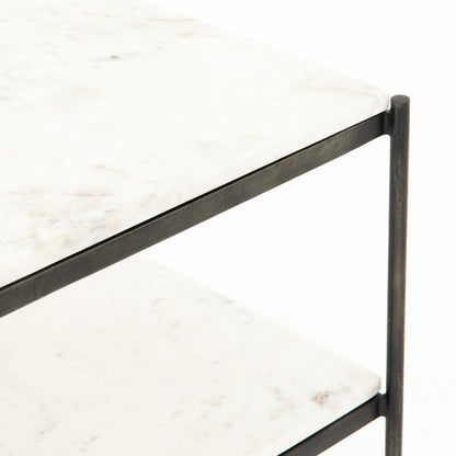 hammered metal and white marble nightstand with two shelves