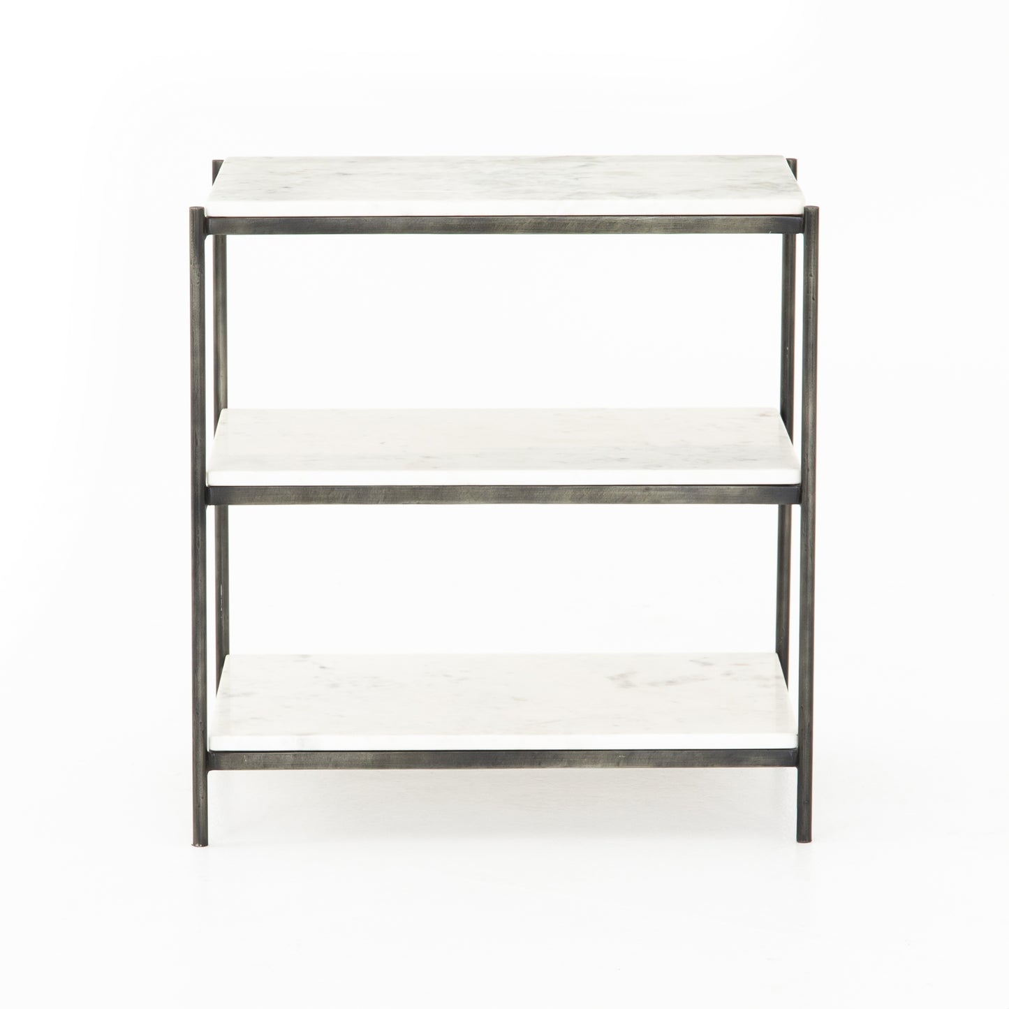 hammered metal and white marble nightstand with two shelves