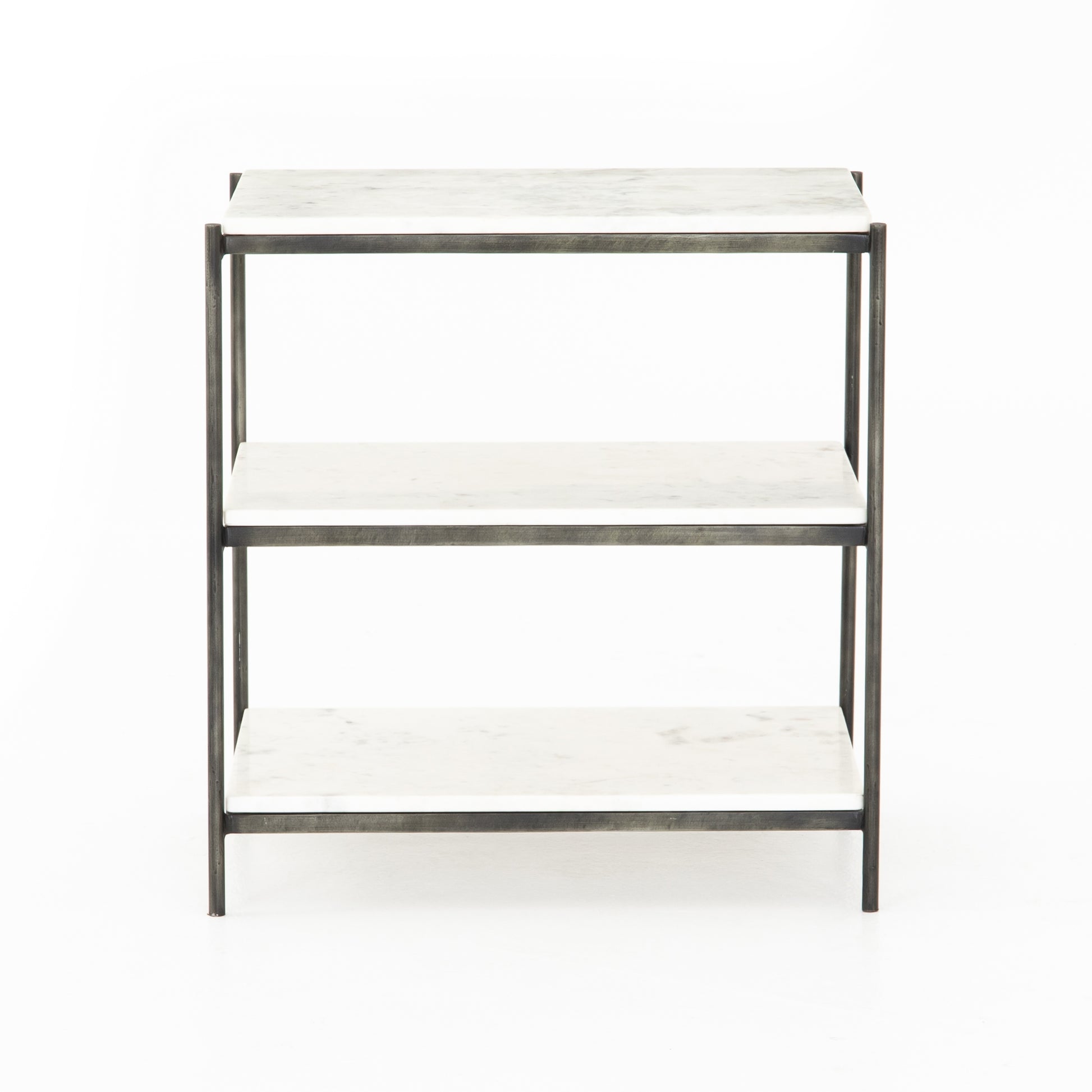 hammered metal and white marble nightstand with two shelves