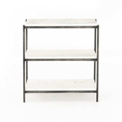 hammered metal and white marble nightstand with two shelves