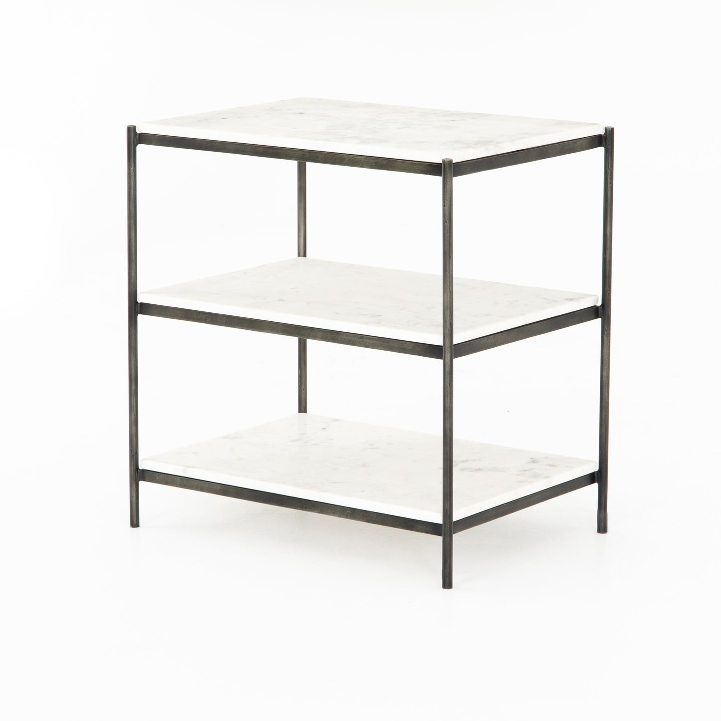 hammered metal and white marble nightstand with two shelves