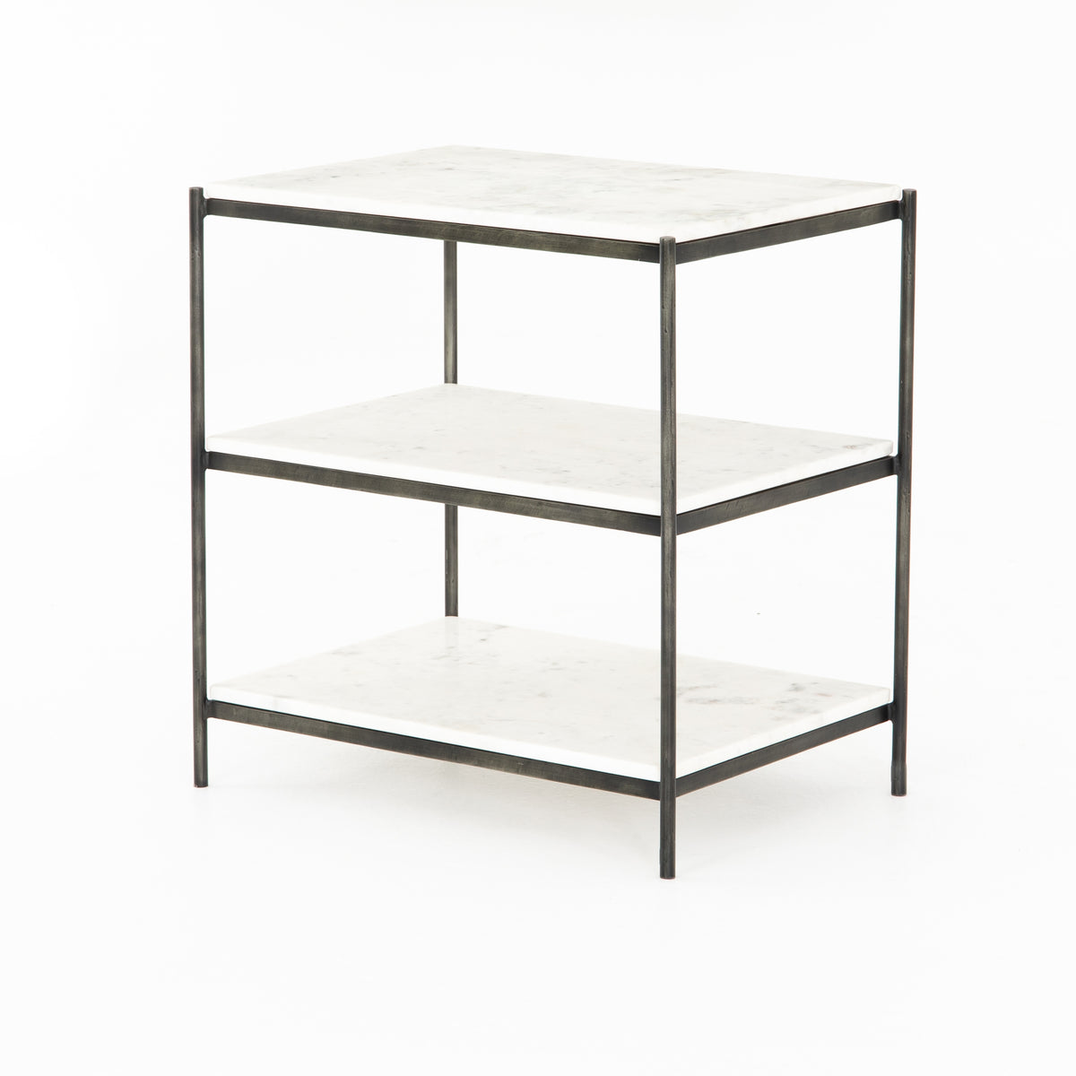 hammered metal and white marble nightstand with two shelves