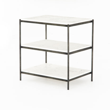 hammered metal and white marble nightstand with two shelves