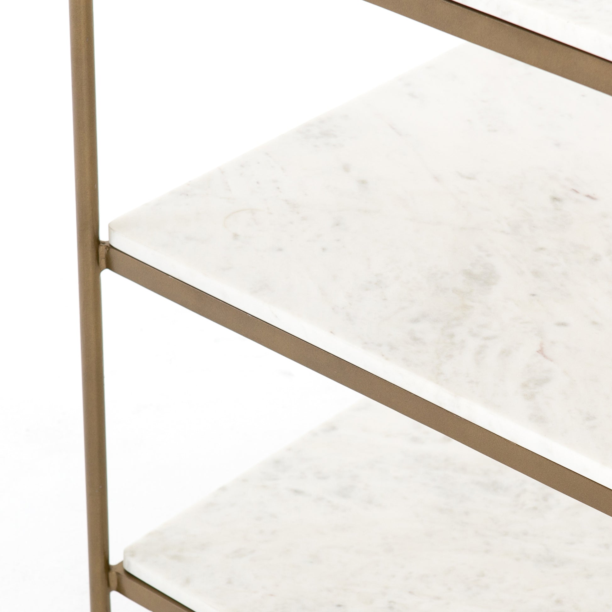 antique brass and white marble nightstand with two shelves