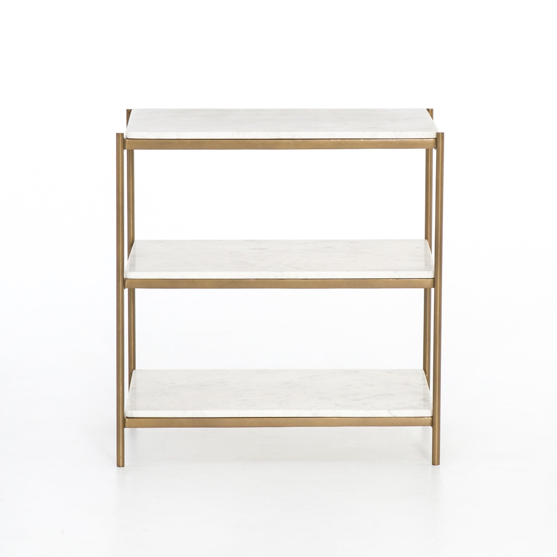 antique brass and white marble nightstand with two shelves