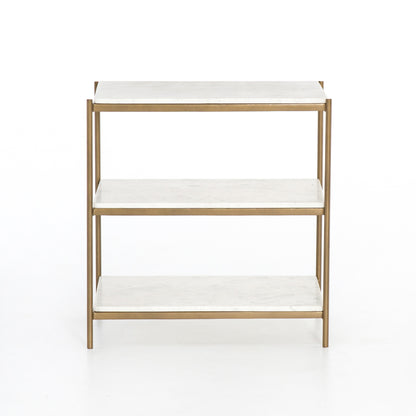 antique brass and white marble nightstand with two shelves