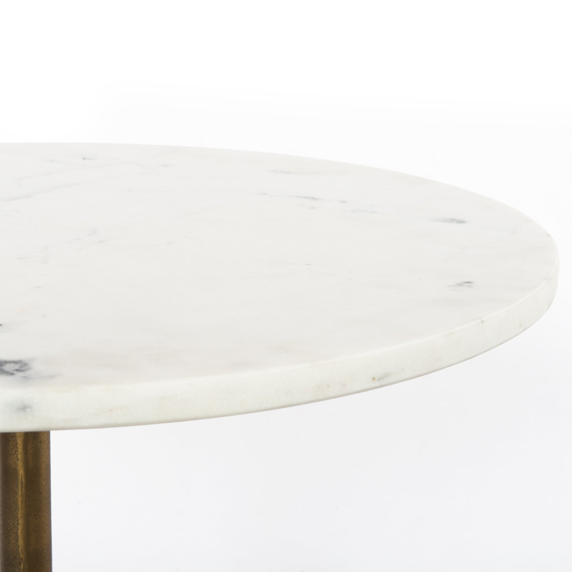 modern pedestal end table with antique brass base and white marble top