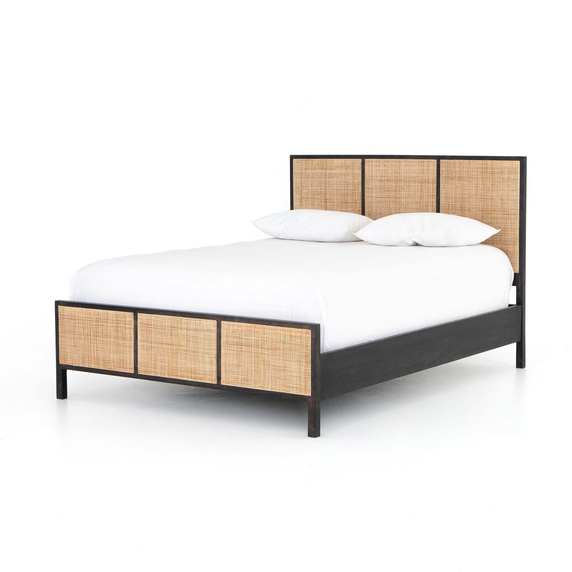 modern black washed wooden bed with cane detailed headboard and footboard