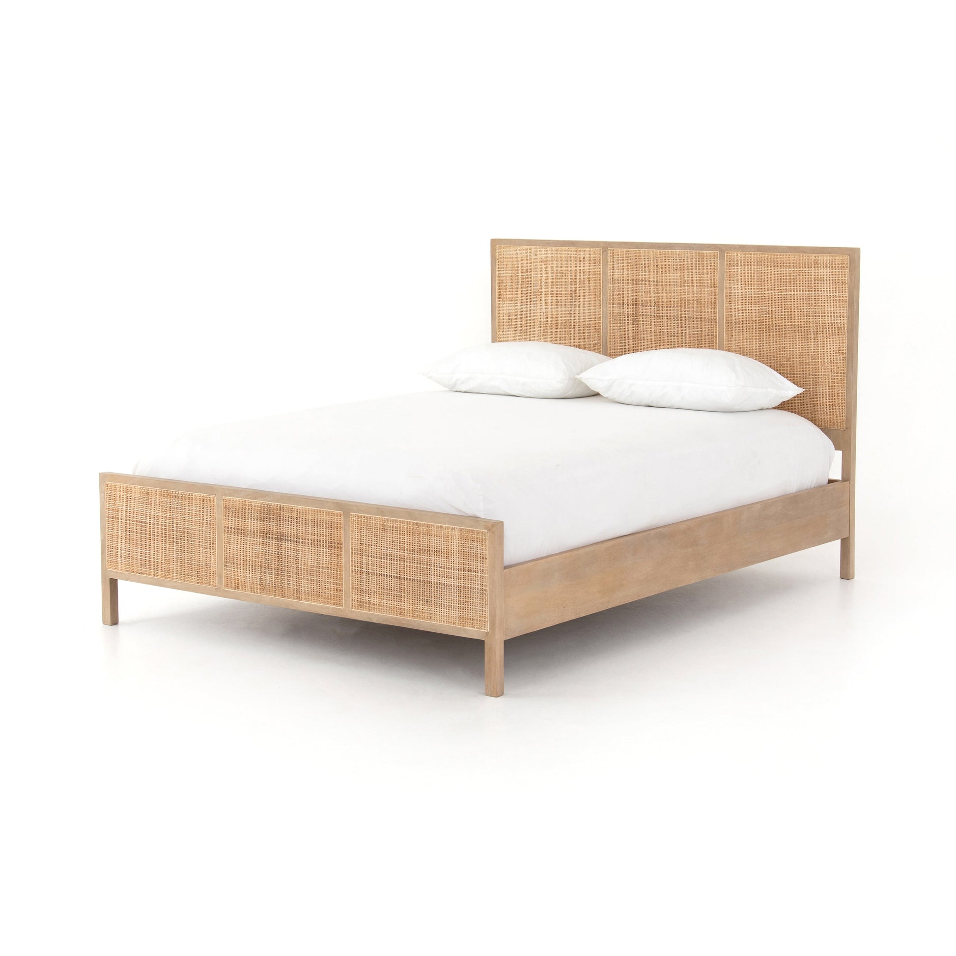 modern natural washed wooden bed with cane detailed headboard and footboard