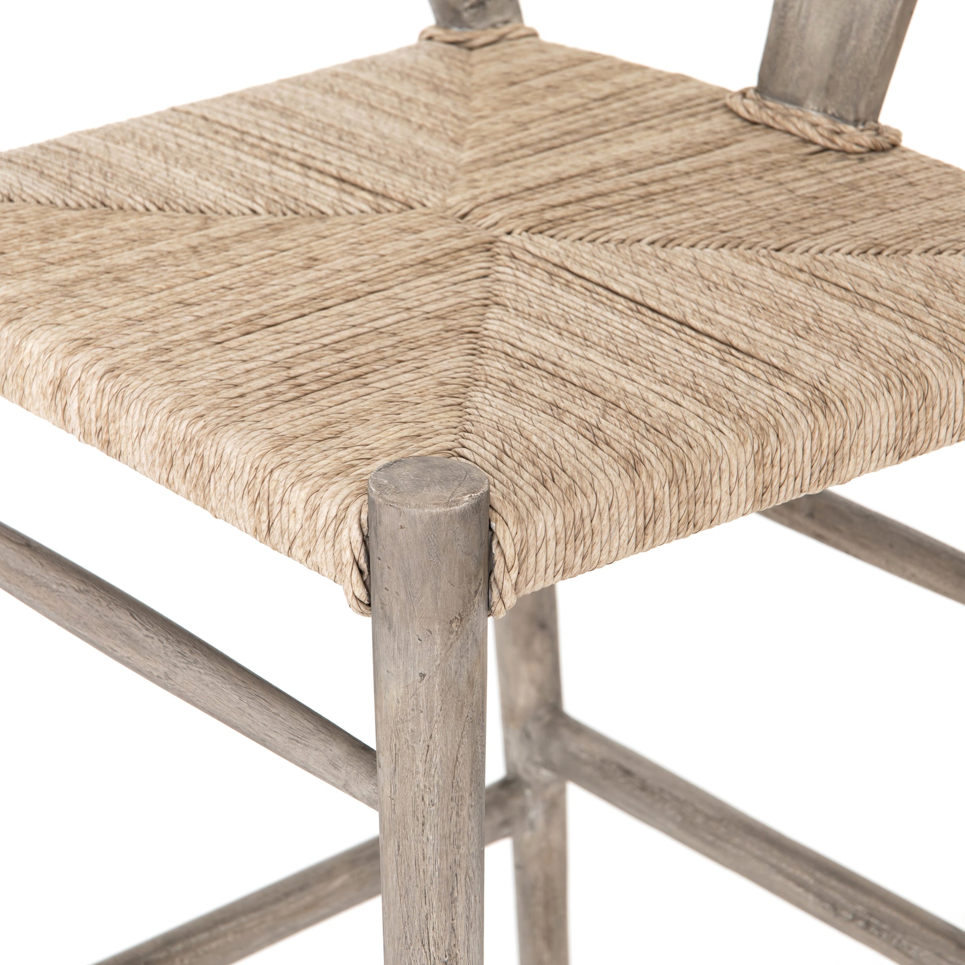 teak with matte weathered grey finish bar stool with curved back and woven seagrass seat