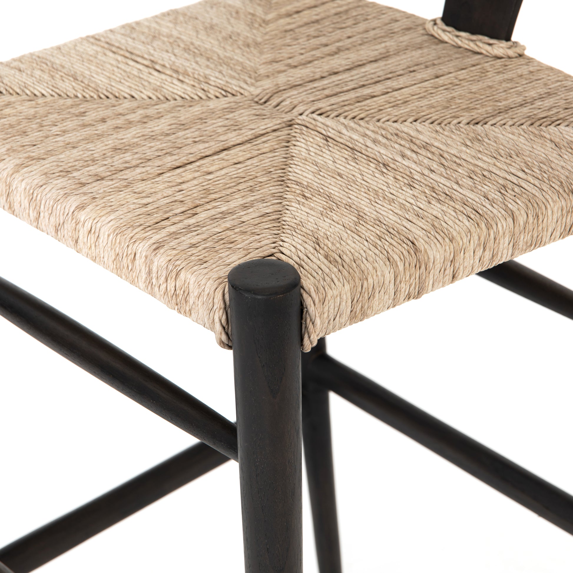 teak with matte black finish bar stool with curved back and woven seagrass seat