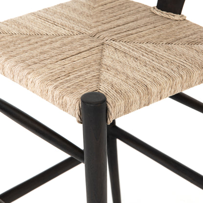 teak with matte black finish bar stool with curved back and woven seagrass seat