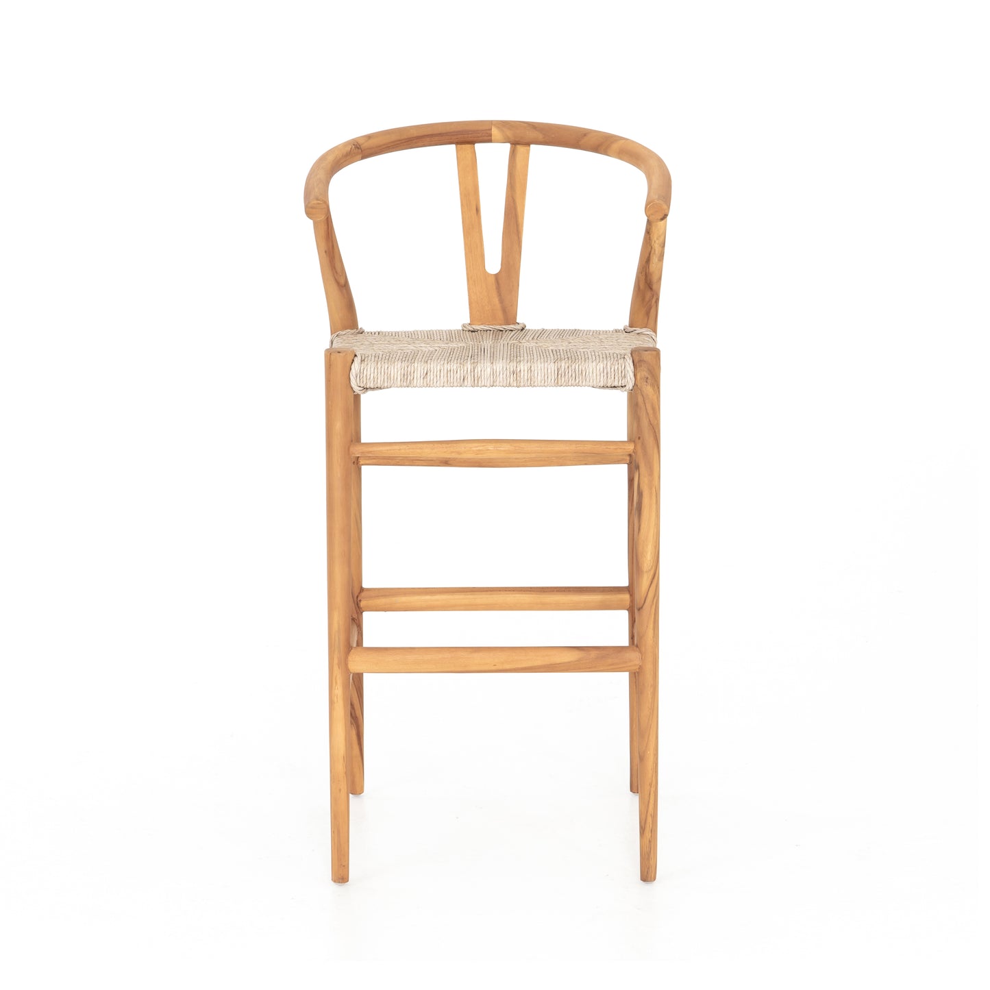 natural teak with matte finish bar stool with curved back and woven seagrass seat