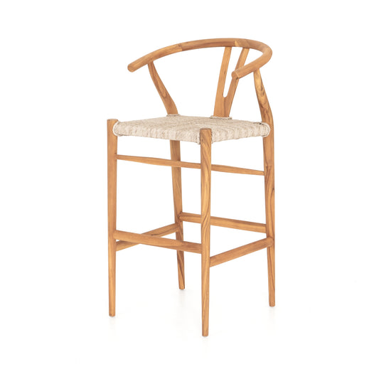 natural teak with matte finish bar stool with curved back and woven seagrass seat