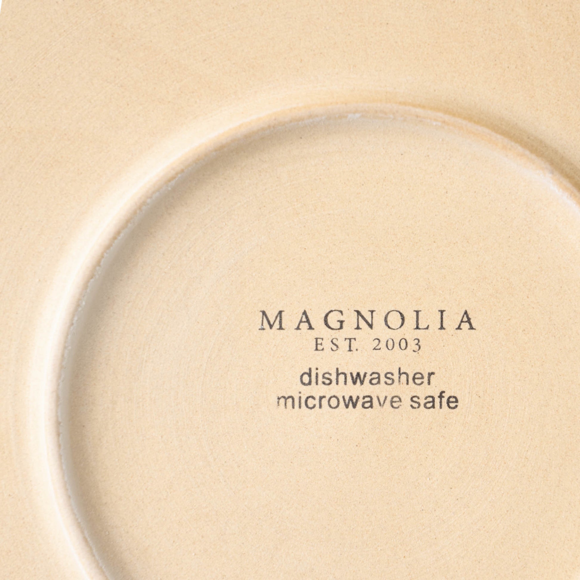 Magnolia logo and text reading dishwasher microwave safe on bottom of Lakelynn Plate