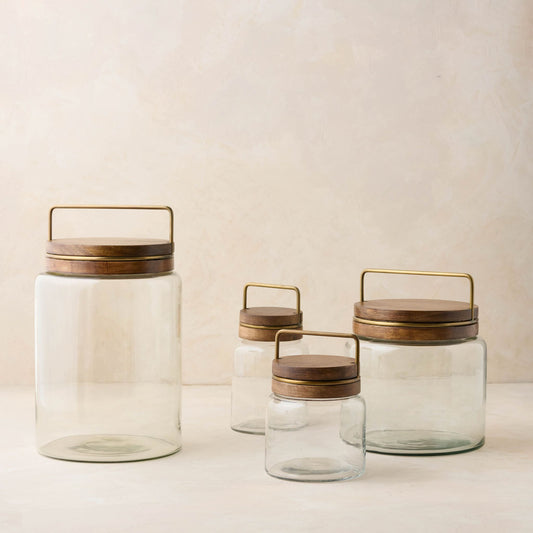magnolia glass canister with wood and antique brass lid