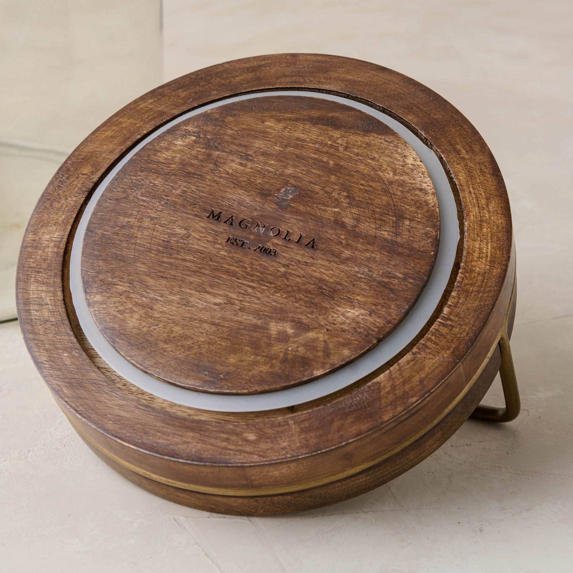 magnolia glass canister with wood and antique brass lid