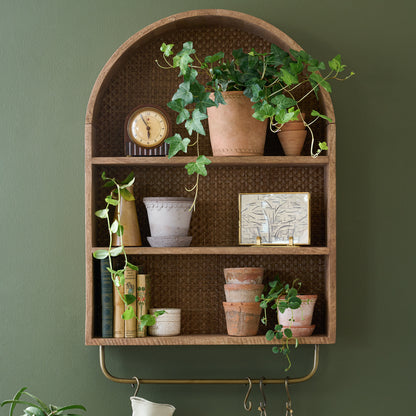 Belmar Arched Woven Wall Shelf with plants and pots and a clock on shelves