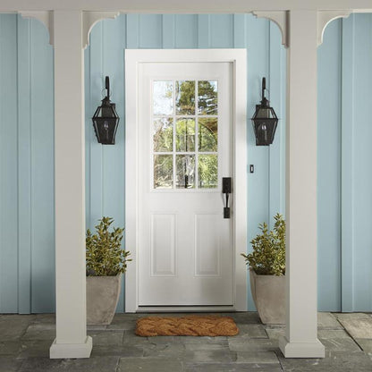 A sky blue muted with shades of gray exterior paint