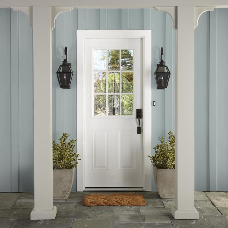 A powder blue with a slight overcast gray tint exterior paint