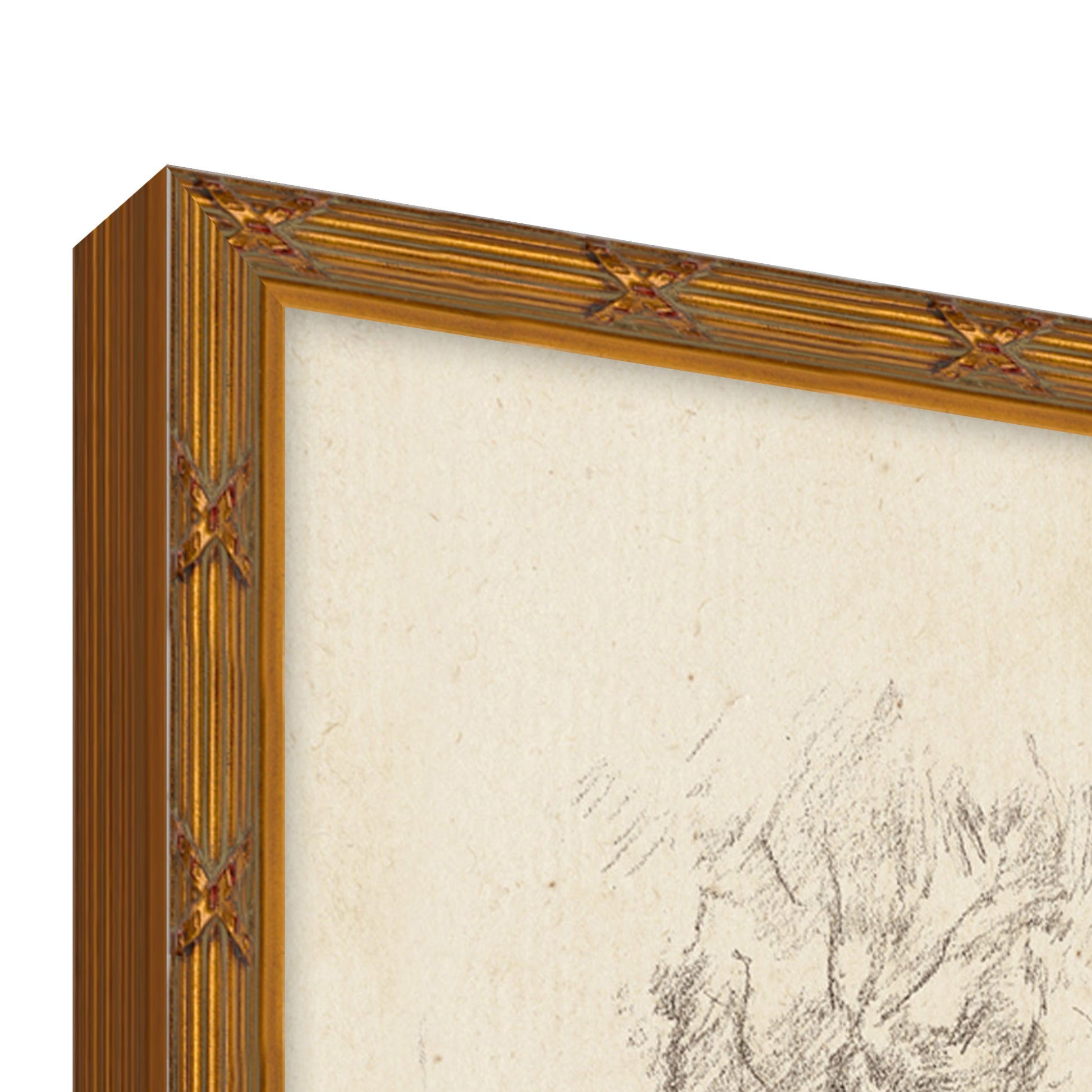 wall art sketch of people in a city park framed in a traditional golden frame