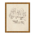 wall art sketch of people in a city park framed in a traditional golden frame