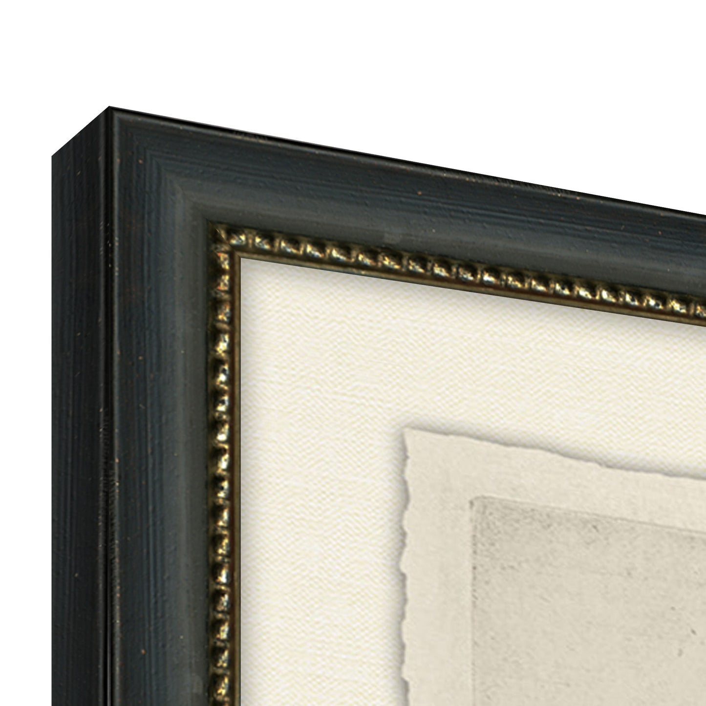 corner view of framed sketch of tall trees in forest in black frame with cream mat