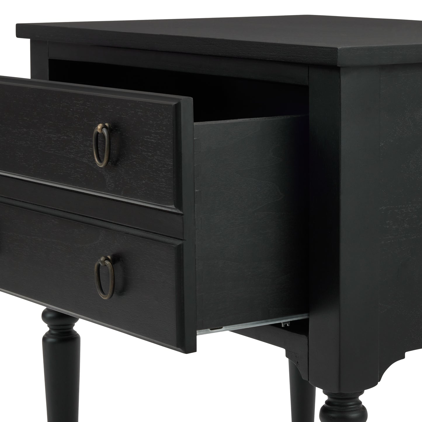 Corinne Nightstand in black mahogany drawer open