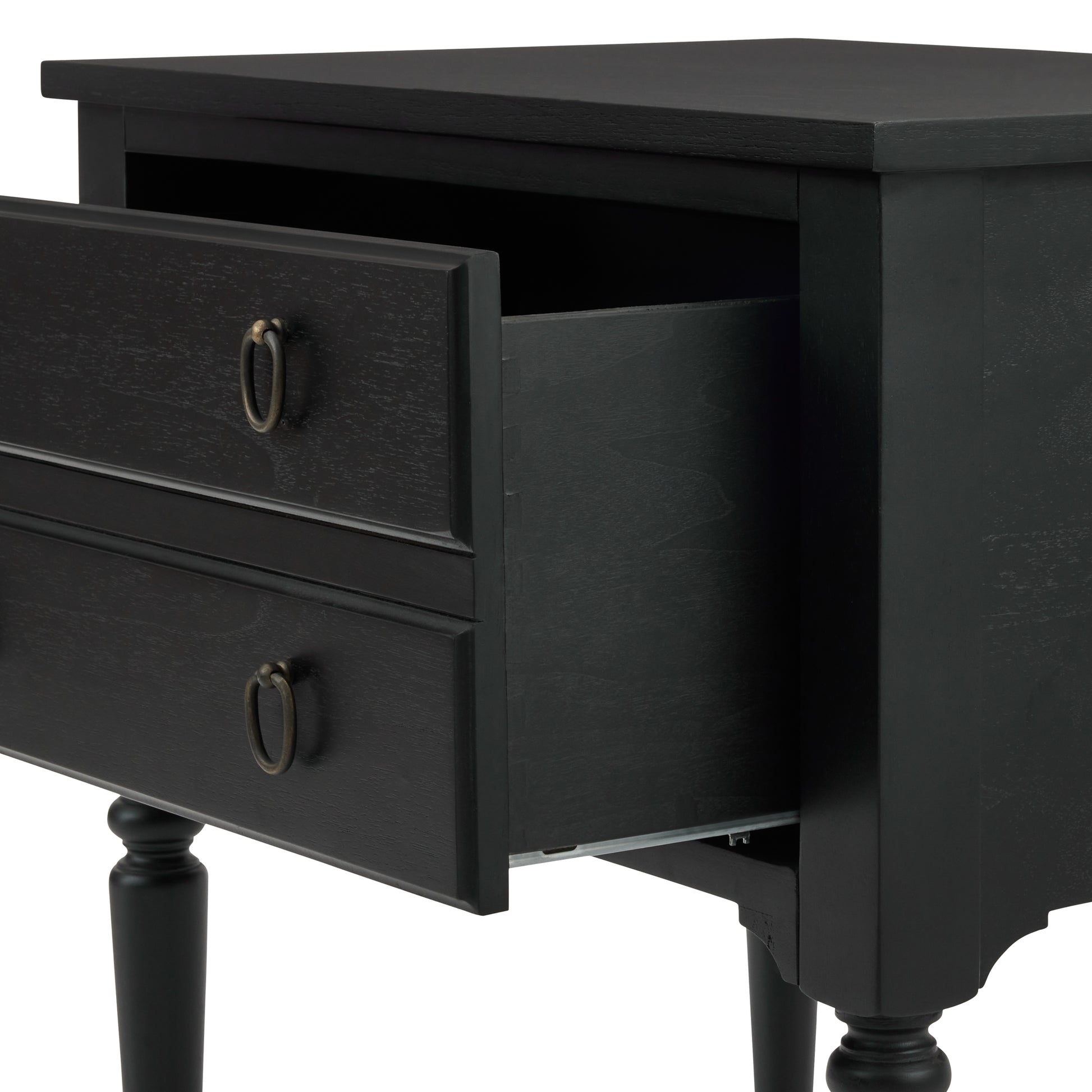 Corinne Nightstand in black mahogany drawer open
