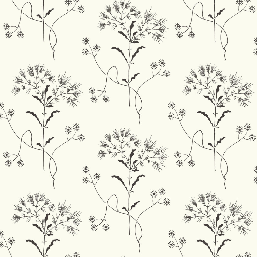 black wildflower pattern on white wallpaper