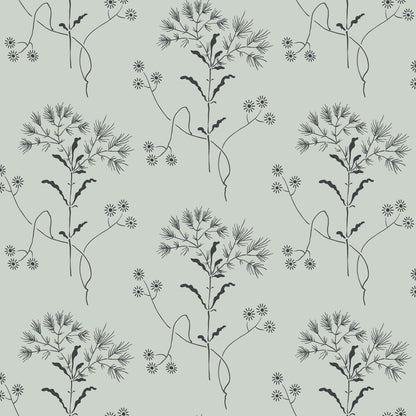 black wildflower pattern on blue wallpaper