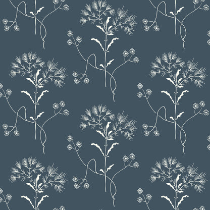white wildflower pattern on blue wallpaper
