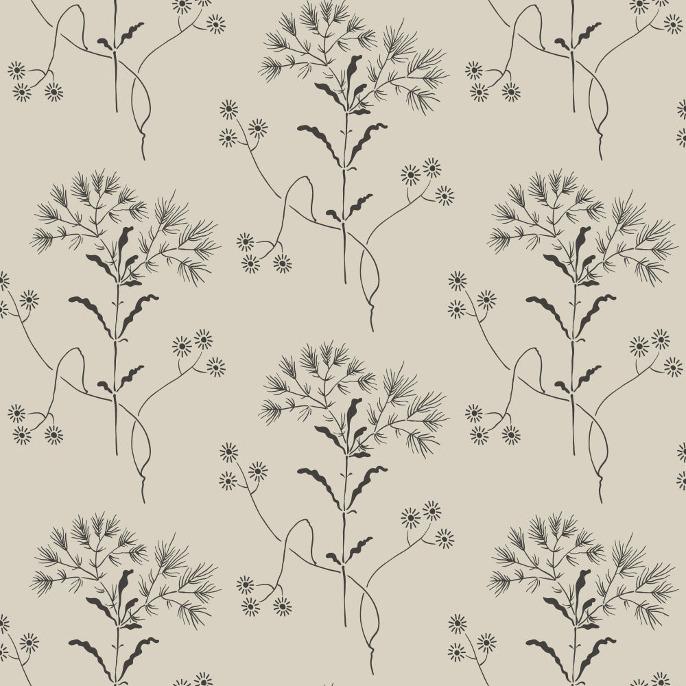 black wildflower pattern on grey wallpaper