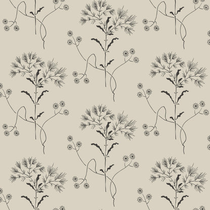 black wildflower pattern on grey wallpaper