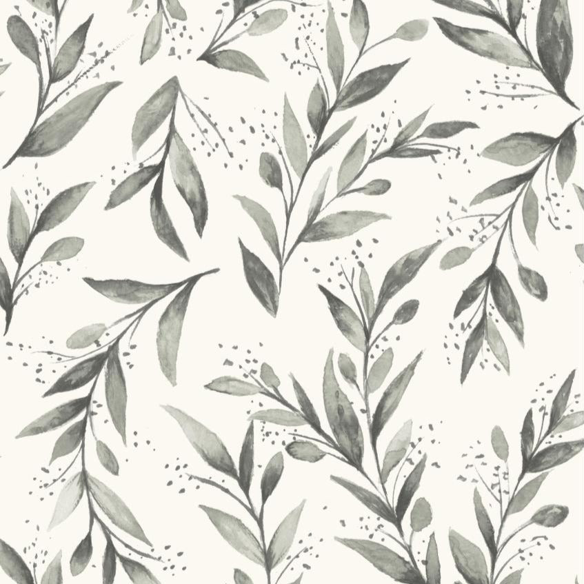 charcoal olive branch pattern on white wallpaper