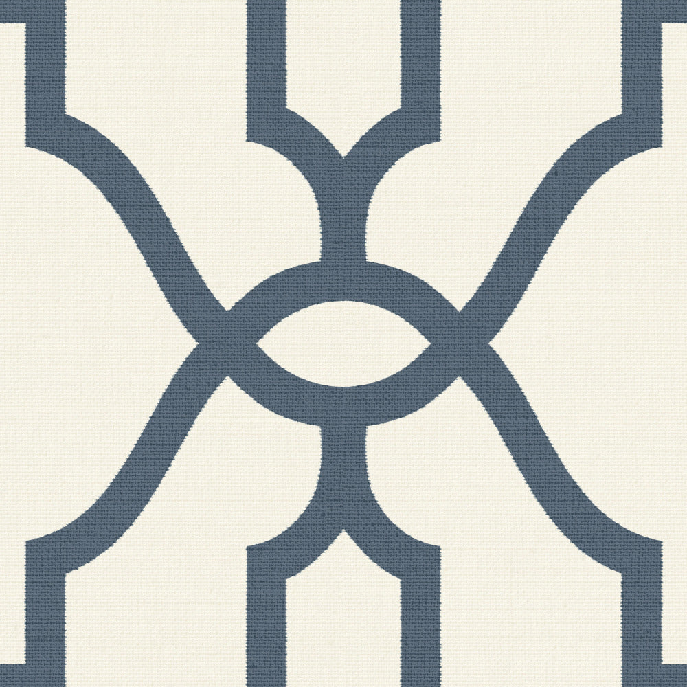 deep blue trellis pattern on white wallpaper