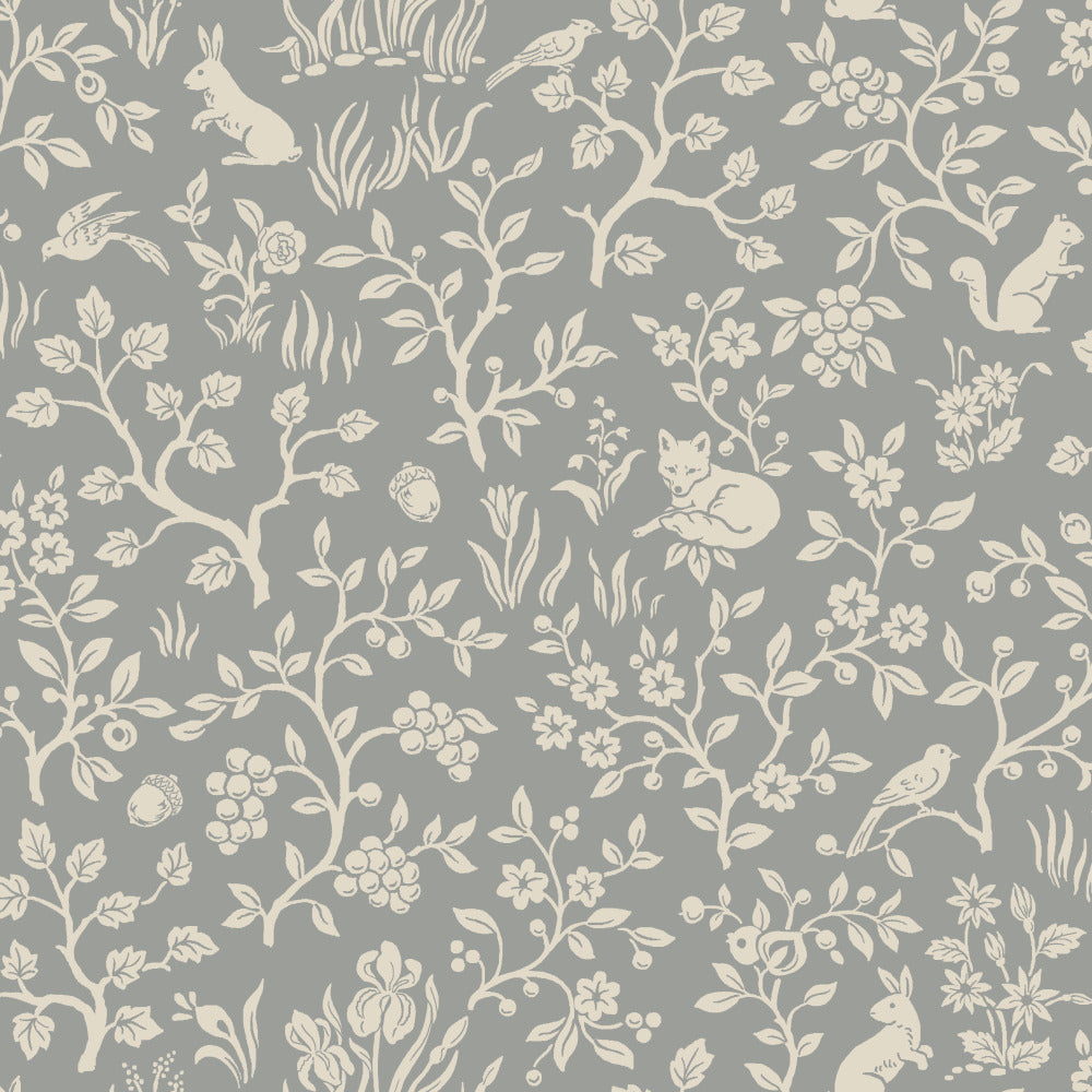 grey and white woodland sketch patterned wallpaper 