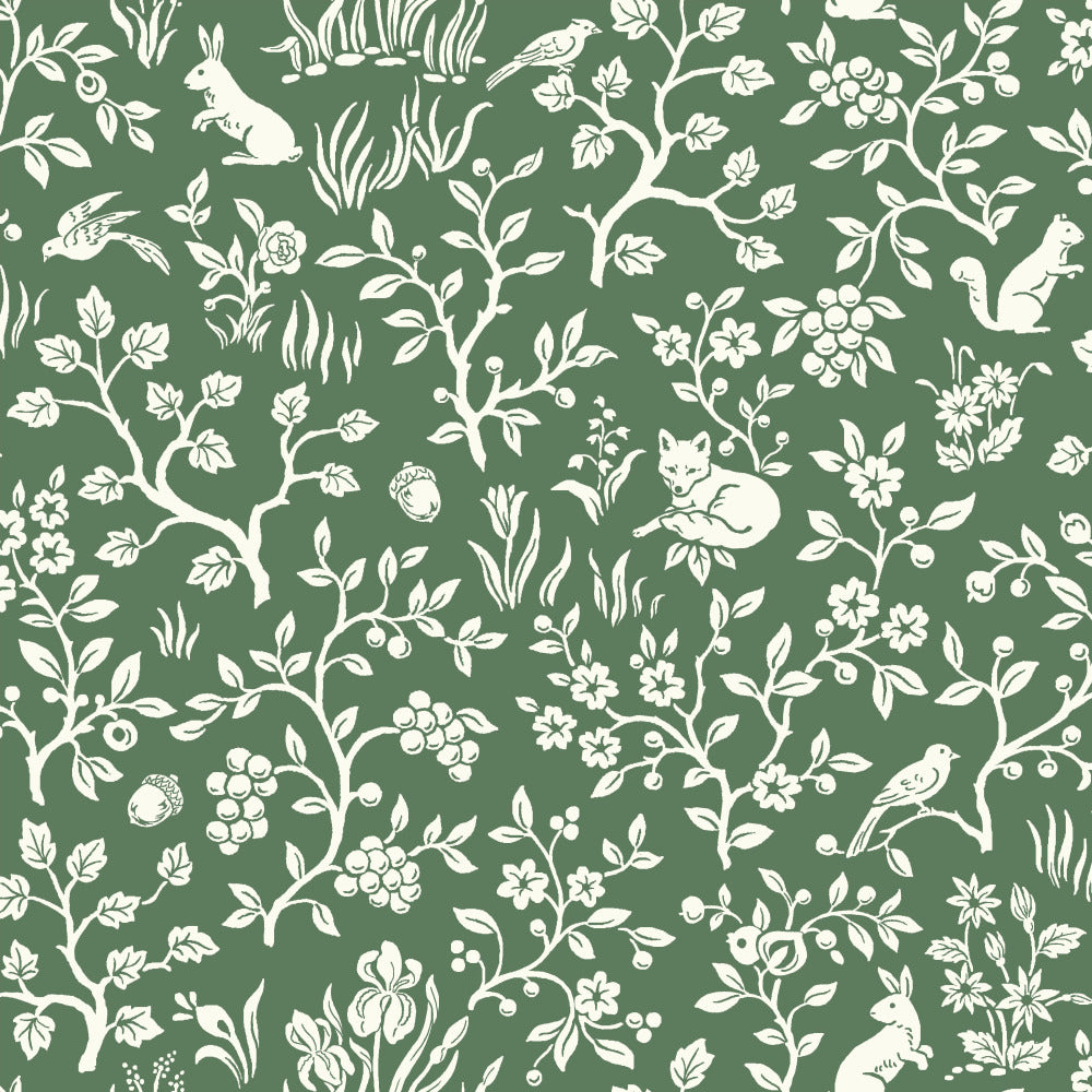 green  and white woodland sketch patterned wallpaper 