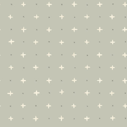 grey-blue wallpaper with white and green plus sign and x pattern