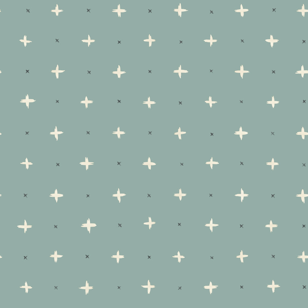 sage green wallpaper with white and dark green plus sign and x pattern