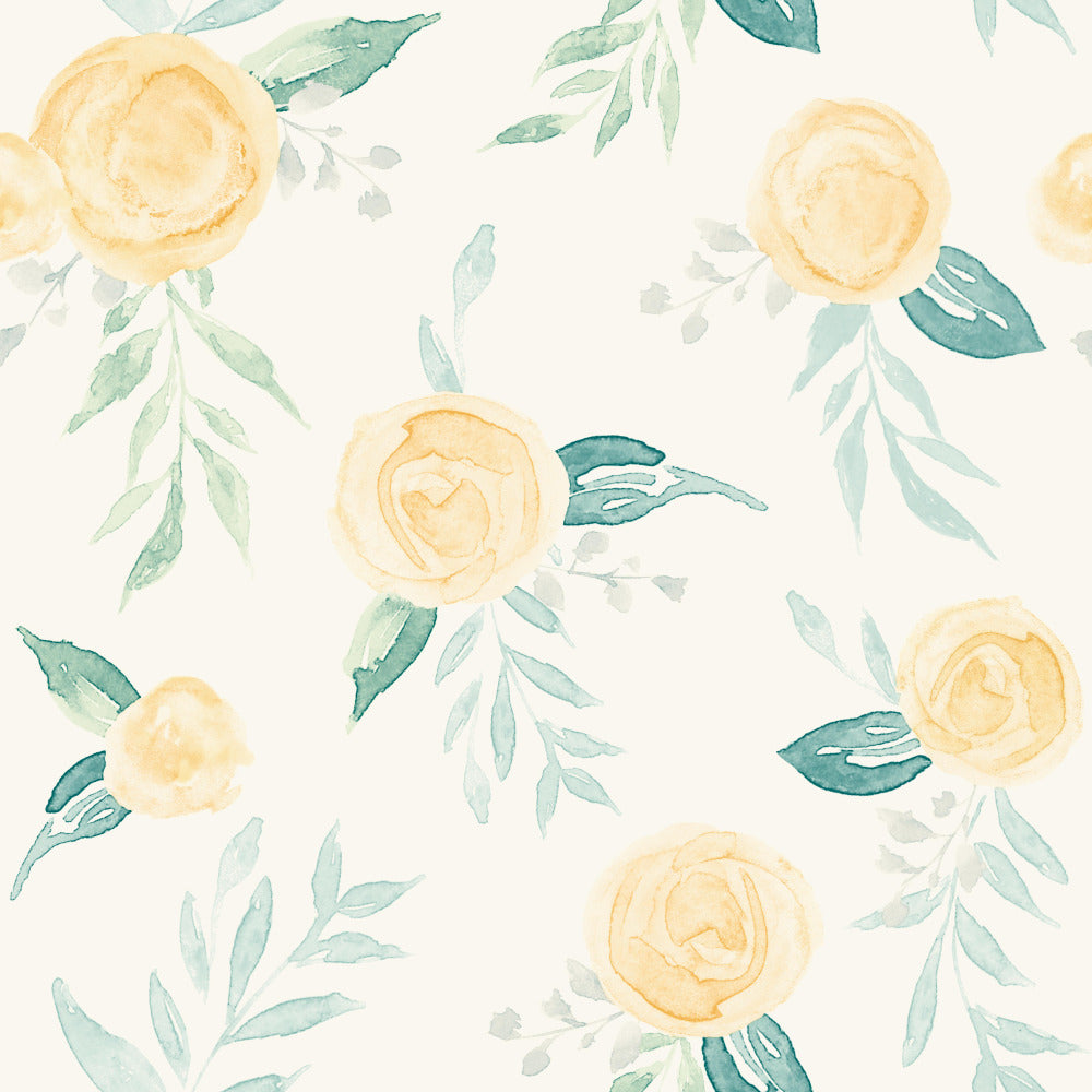 yellow watercolor rose pattern on white wallpaper