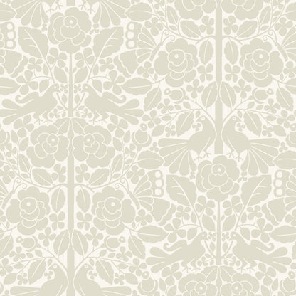 beige and white floral and bird pattern wallpaper