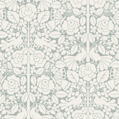 grey and white floral and bird pattern wallpaper