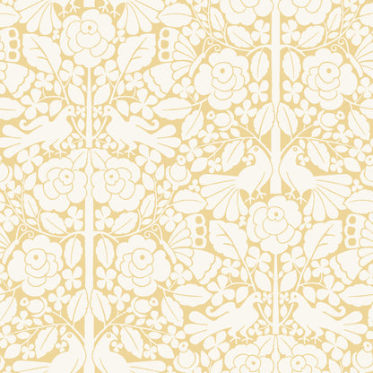 yellow  and white floral and bird pattern wallpaper
