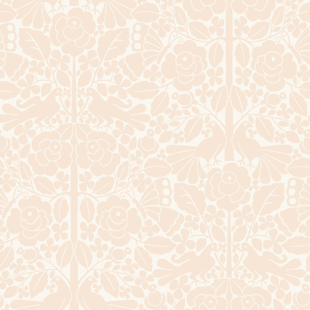 light pink and white floral and bird pattern wallpaper